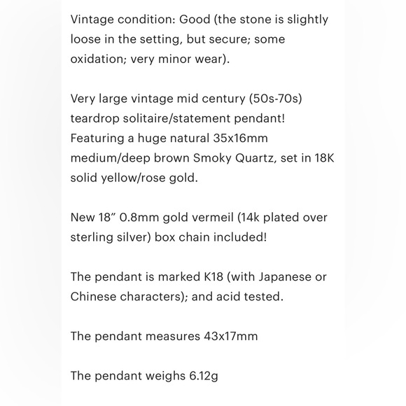 Vintage Smoky Quartz 18K Yellow Rose Gold Pendant Mid-Century Teardrop Solitaire - Picture 13 of 13